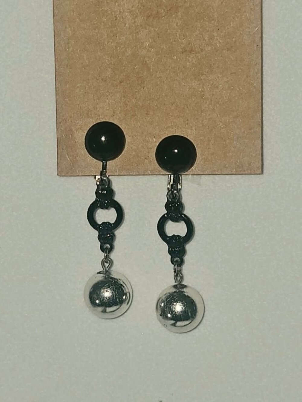 Vintage Estate Silver Tone Modernist Black Link Ball Dangle Clip On Earrings